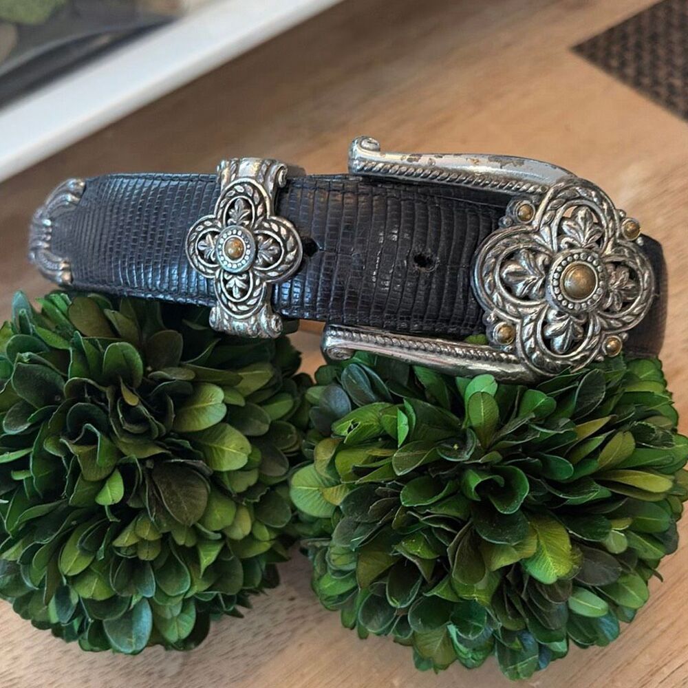 Brighton black, silver, buckle, ornate leather belt with stone size M